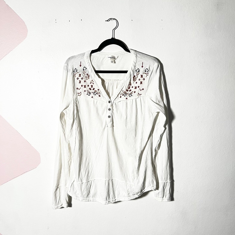 100% Peasant Tunic Top Large White Floral Embroidered Long Sleeve